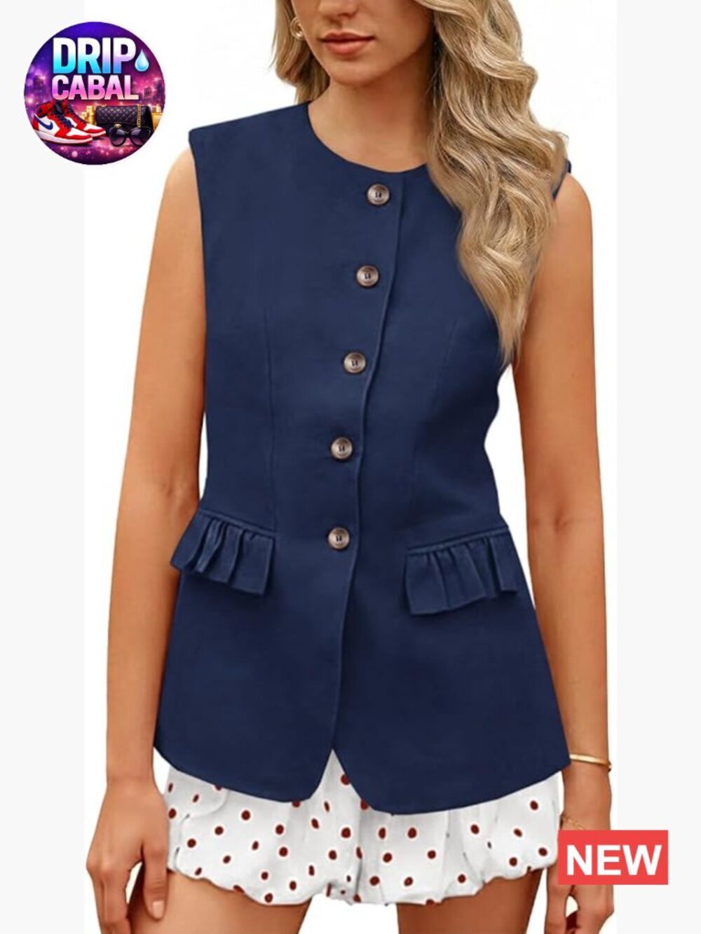 Sleeveless Blazer Vest with Ruffle Flap Pockets
